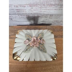VTG Porcelain Trinket Box with Raised Rose & Gold Trim Floral Lid Jewelry Box